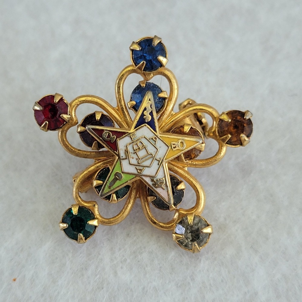 Vintage Order of Eastern Star OES Brooch Multicolor Rhinestone Gold Tone Pin